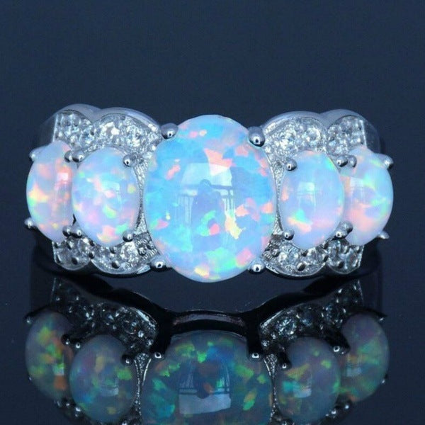 Gold Electroplated Opal Ring With Geometric Design And Synthetic Opal Inlay Elegant Gifts For Dressy Occasions