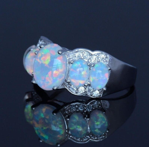 Gold Electroplated Opal Ring With Geometric Design And Synthetic Opal Inlay Elegant Gifts For Dressy Occasions