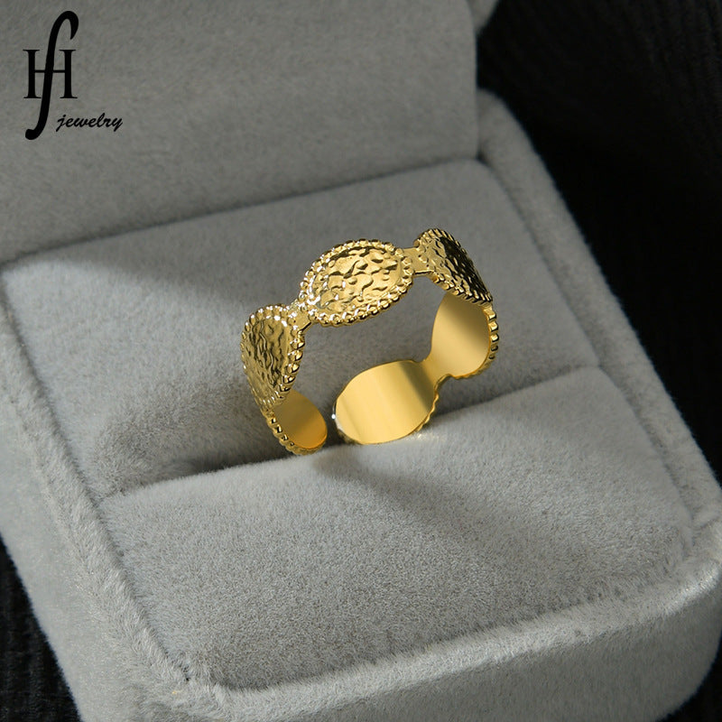 Womens Gold Plated Stainless Steel Oval Texture Geometric Adjustable Opening Bracelet Fashion Jewelry Gift Lux