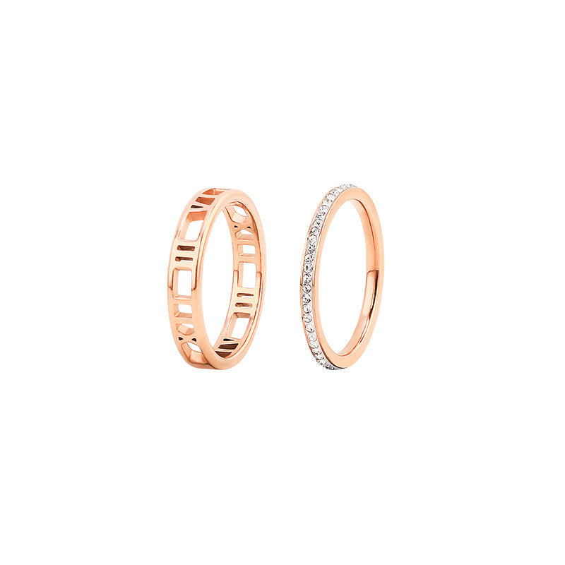 Rose Gold Titanium Steel Ring Hollow Roman Design With Rhinestone Gems For Women Flexible Daily Wear Adornment