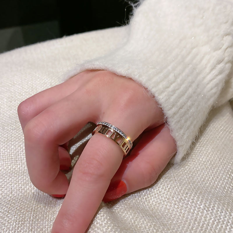 Rose Gold Titanium Steel Ring Hollow Roman Design With Rhinestone Gems For Women Flexible Daily Wear Adornment
