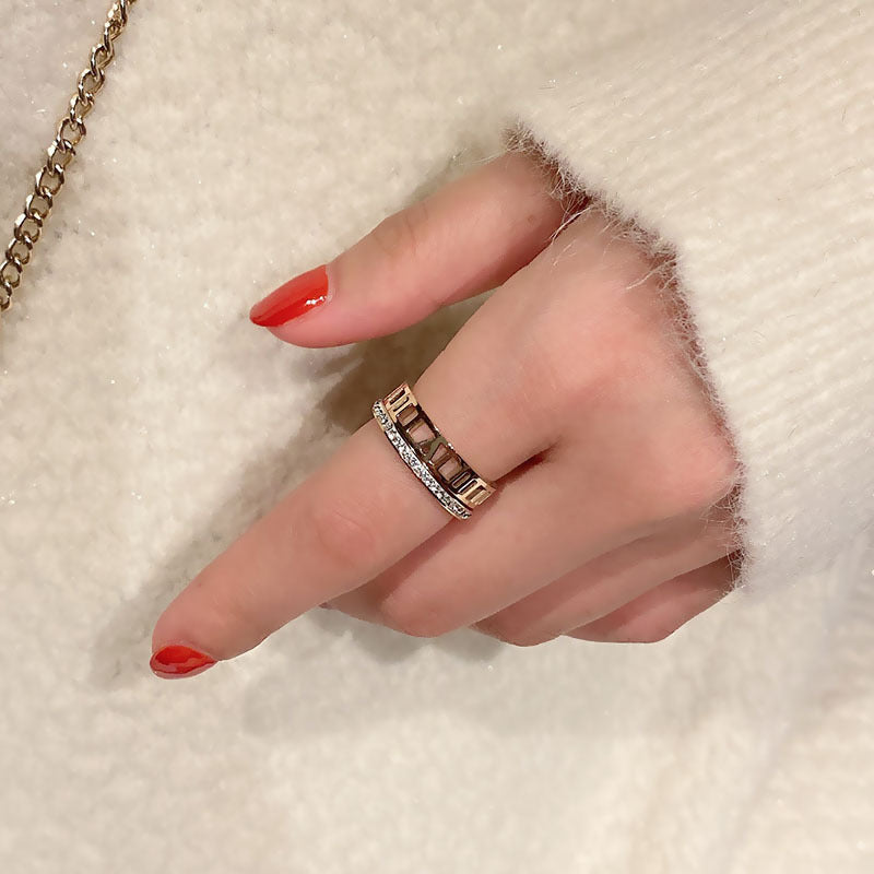 Rose Gold Titanium Steel Ring Hollow Roman Design With Rhinestone Gems For Women Flexible Daily Wear Adornment