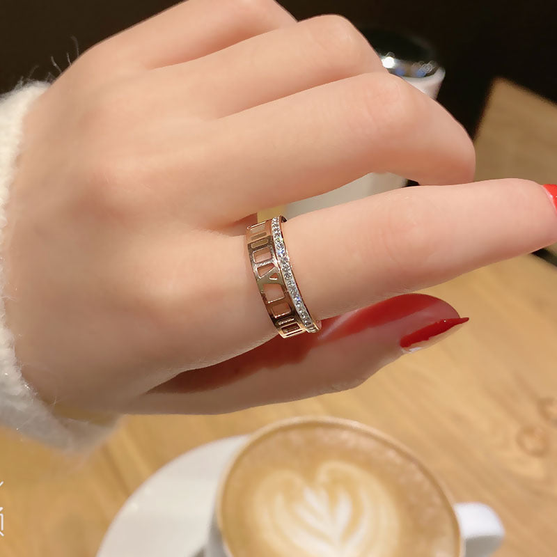 Rose Gold Titanium Steel Ring Hollow Roman Design With Rhinestone Gems For Women Flexible Daily Wear Adornment
