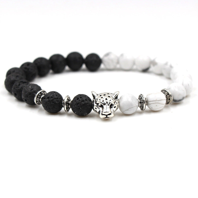 Unisex Natural Stone Bracelets With Leopard Head Accent Geometric Jewelry White Turquoise Black Volcanic Beads