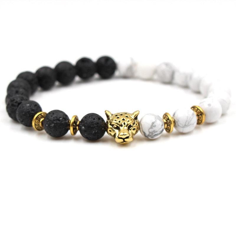 Unisex Natural Stone Bracelets With Leopard Head Accent Geometric Jewelry White Turquoise Black Volcanic Beads