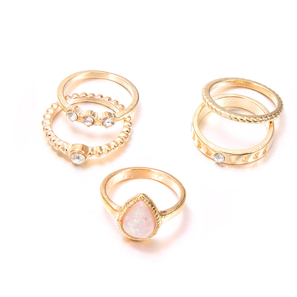 Womens Bohemian Gold Plated Ring Set With White Gemstone Water Drop Design Five Piece Rings Fashion Jewelry Metal