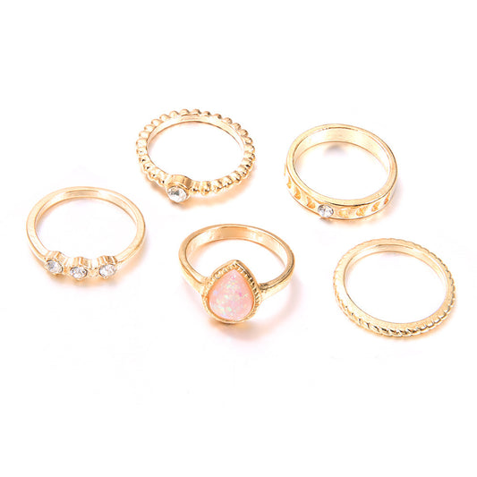 Womens Bohemian Gold Plated Ring Set With White Gemstone Water Drop Design Five Piece Rings Fashion Jewelry Metal