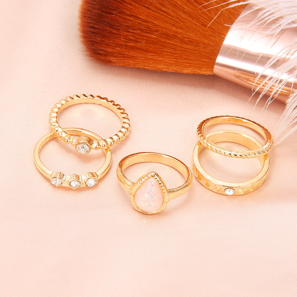 Womens Bohemian Gold Plated Ring Set With White Gemstone Water Drop Design Five Piece Rings Fashion Jewelry Metal