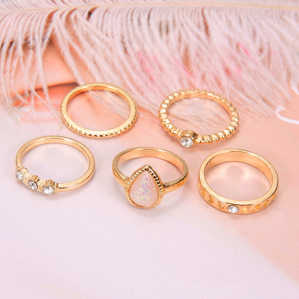 Womens Bohemian Gold Plated Ring Set With White Gemstone Water Drop Design Five Piece Rings Fashion Jewelry Metal