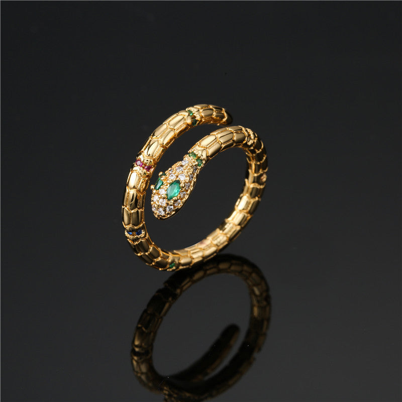 Gold Color Snake Ring Adjustable Cubic Zirconia Finger Ring Exquisite Sparkling Wedding Anniversary Jewelry Gift