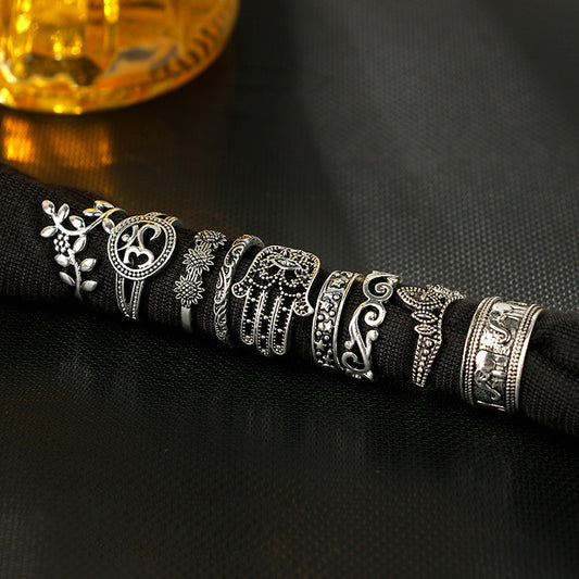 Vintage Bohemian Knuckle Ring Set 9 Pcs Hollow Carved Stackable Rings Elephant Palm Crown Alloy Fashion Styles Couture