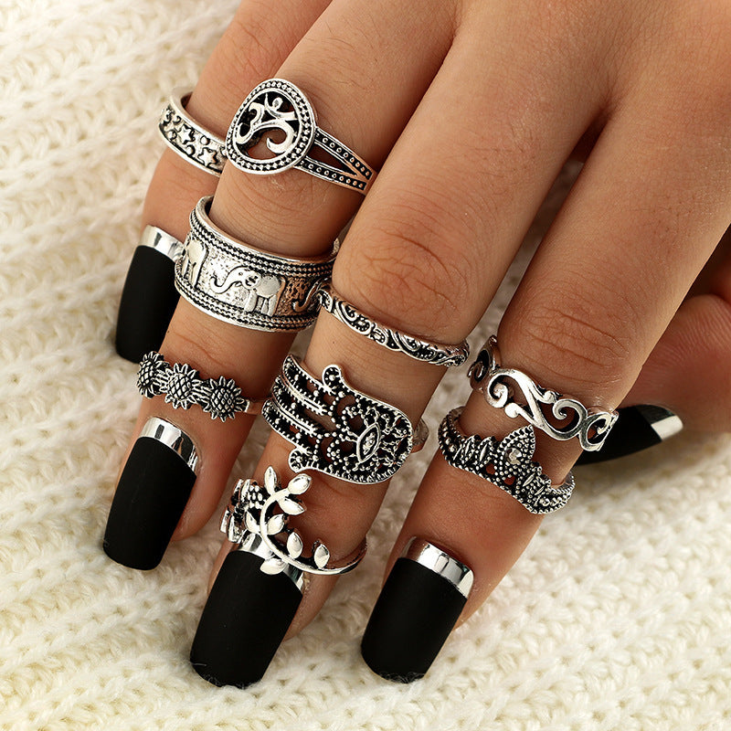 Vintage Bohemian Knuckle Ring Set 9 Pcs Hollow Carved Stackable Rings Elephant Palm Crown Alloy Fashion Styles Couture