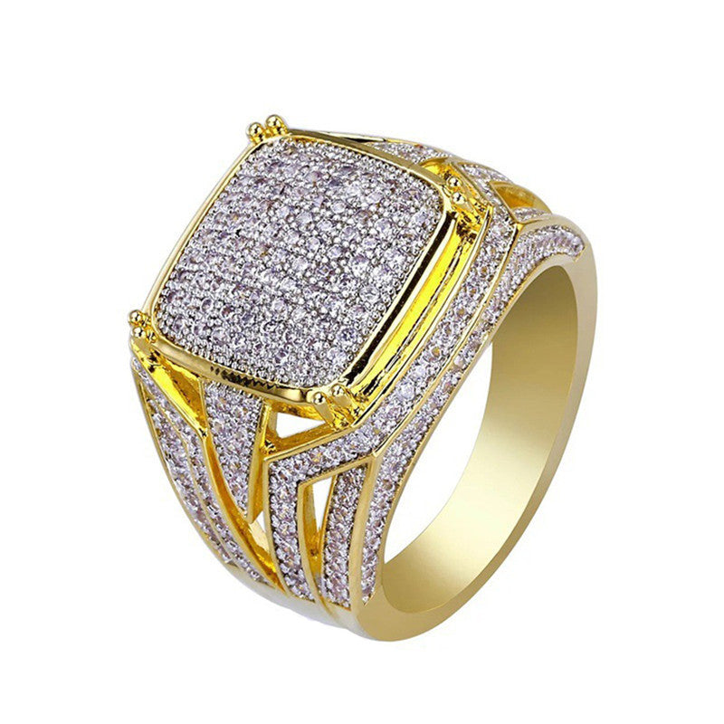 Mens Rhombus Ring Gold Plated Alloy Diamond Encrusted Design Luxurious Statement RingSize 7 8 9 10 11 12 13 14
