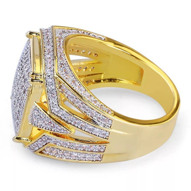 Mens Rhombus Ring Gold Plated Alloy Diamond Encrusted Design Luxurious Statement RingSize 7 8 9 10 11 12 13 14