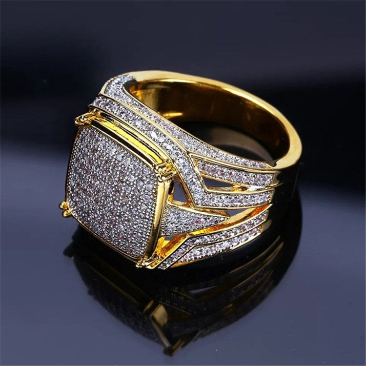 Mens Rhombus Ring Gold Plated Alloy Diamond Encrusted Design Luxurious Statement RingSize 7 8 9 10 11 12 13 14