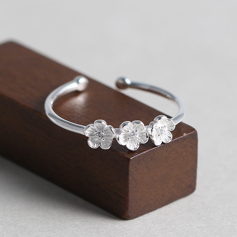 Silver Plum Blossom Ring for Women Open Flower Korean Style