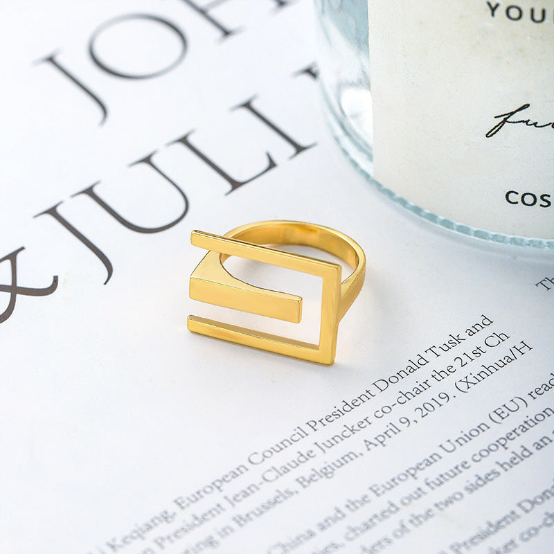 Gold Plated Geometric Copper Ring Korean Inspired Design Fashionable Durable Daily Wear Jewelry Elegant Deluxe
