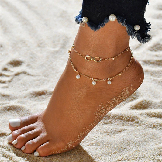 Electroplated Alloy Anklet 8 Multilayer Ankle Bracelet Geometric Design Gold Tone And Silver Individually Packed