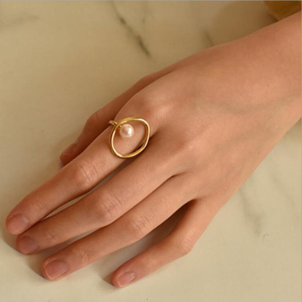Womens Pearl Ring Copper Inlaid Geometric Ring Electroplated Golden Jewelry Fashion Index Finger Ring Zen Gems