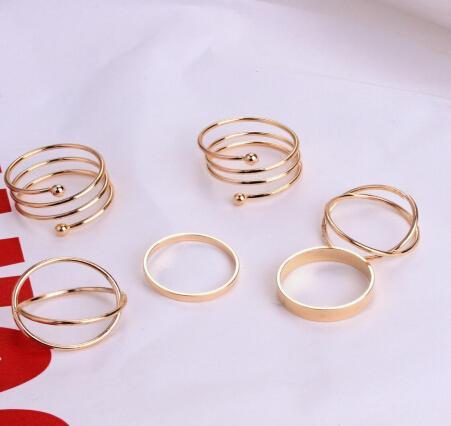 Womens Fashion Rings Set 6 Piece Retro Exaggerated Geometric Design Alloy Rings Gold Silver Electroplated Style