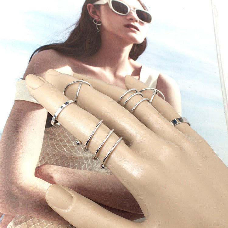 Womens Fashion Rings Set 6 Piece Retro Exaggerated Geometric Design Alloy Rings Gold Silver Electroplated Style