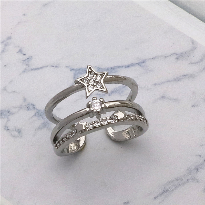 Women Copper Three Layer Star Ring Adjustable Korean Fashion Jewelry Diamond Accent For Women Delicate Gift Idea