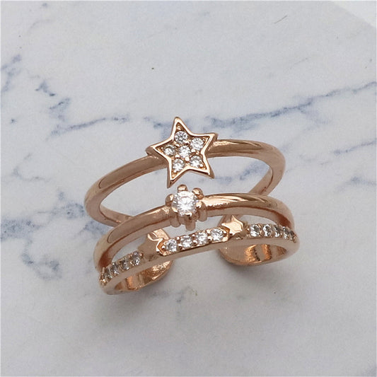 Women Copper Three Layer Star Ring Adjustable Korean Fashion Jewelry Diamond Accent For Women Delicate Gift Idea