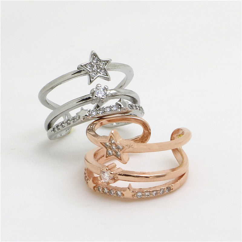 Women Copper Three Layer Star Ring Adjustable Korean Fashion Jewelry Diamond Accent For Women Delicate Gift Idea