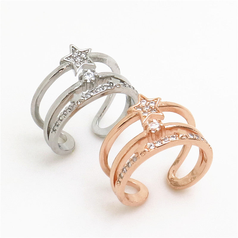 Women Copper Three Layer Star Ring Adjustable Korean Fashion Jewelry Diamond Accent For Women Delicate Gift Idea
