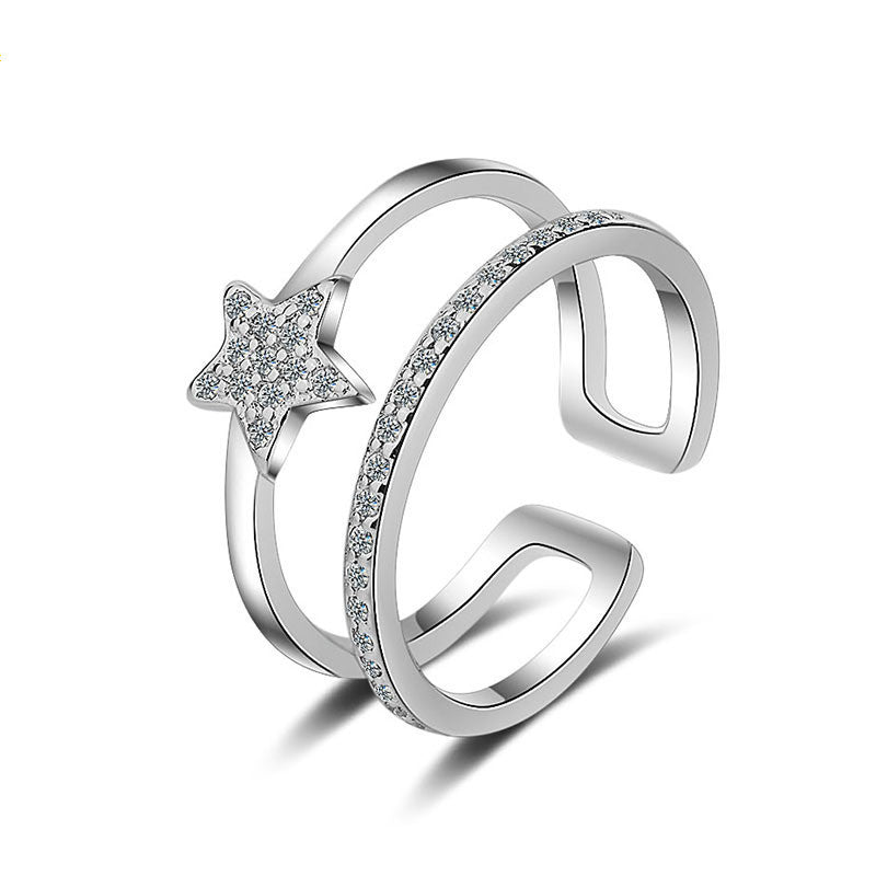 Heart Star Ring Diamond Accented Double Layer Adjustable Korean Fashion Jewelry Gift Adjustable Fashion Korean