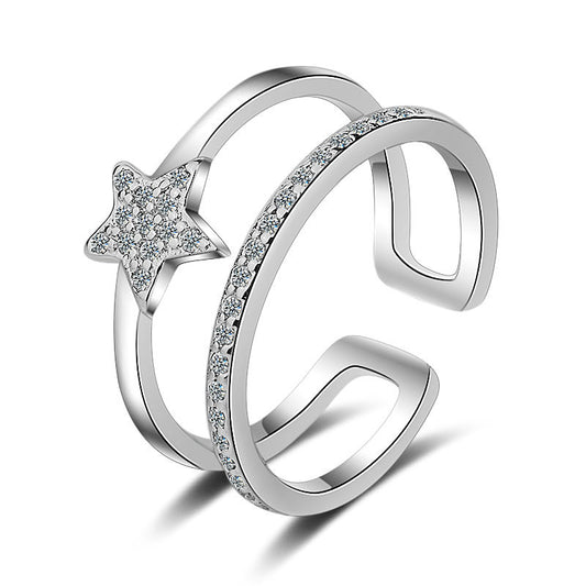Heart Star Ring Diamond Accented Double Layer Adjustable Korean Fashion Jewelry Gift Adjustable Fashion Korean