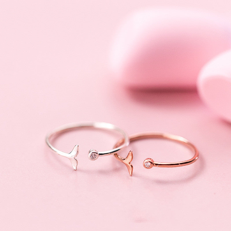 Sterling Silver Open Fishtail Ring for Women Round Diamonds Fengsen Style Japanese Korean Elegant Gift for Her