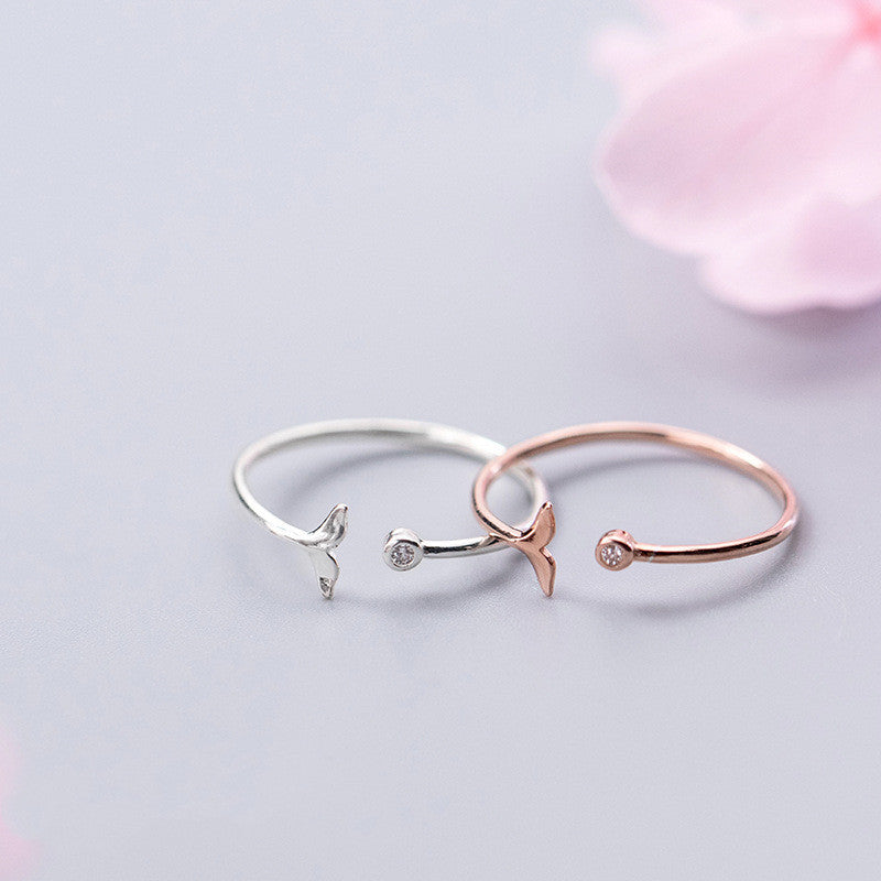 Sterling Silver Open Fishtail Ring for Women Round Diamonds Fengsen Style Japanese Korean Elegant Gift for Her