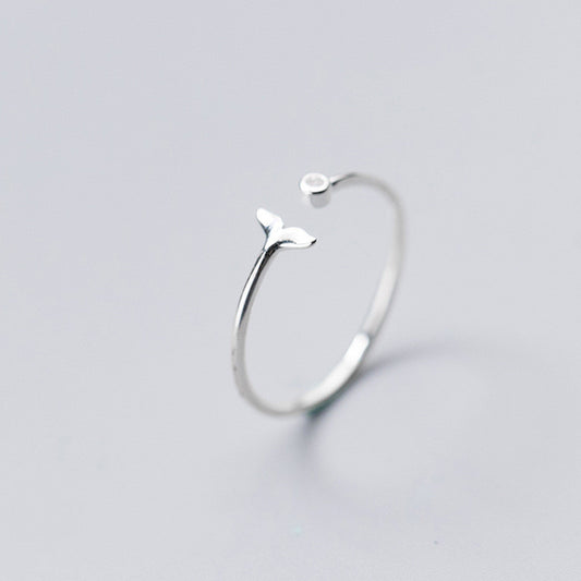 Sterling Silver Open Fishtail Ring for Women Round Diamonds Fengsen Style Japanese Korean Elegant Gift for Her