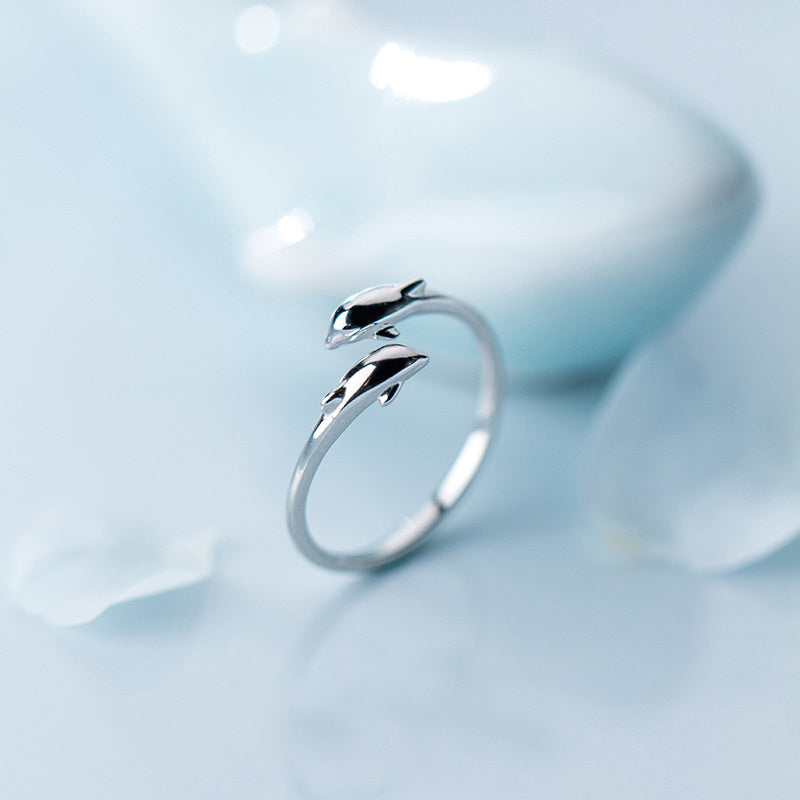 Dolphin Ring For Women Girls Open Adjustable Sterling Silver Animal Tail Band Jewelry Gift Fashion Silver Ring
