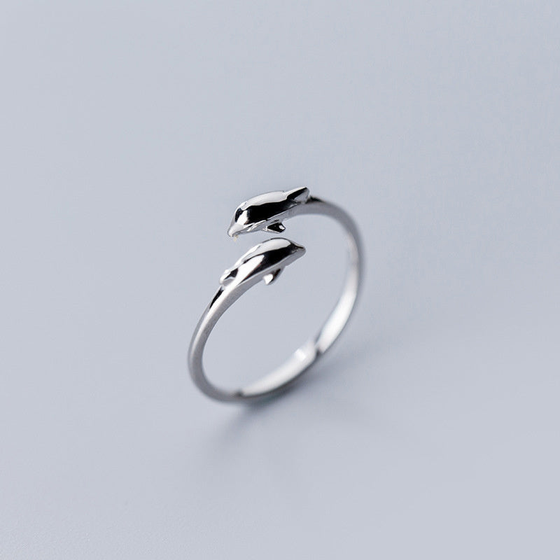 Dolphin Ring For Women Girls Open Adjustable Sterling Silver Animal Tail Band Jewelry Gift Fashion Silver Ring