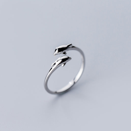Dolphin Ring For Women Girls Open Adjustable Sterling Silver Animal Tail Band Jewelry Gift Fashion Silver Ring