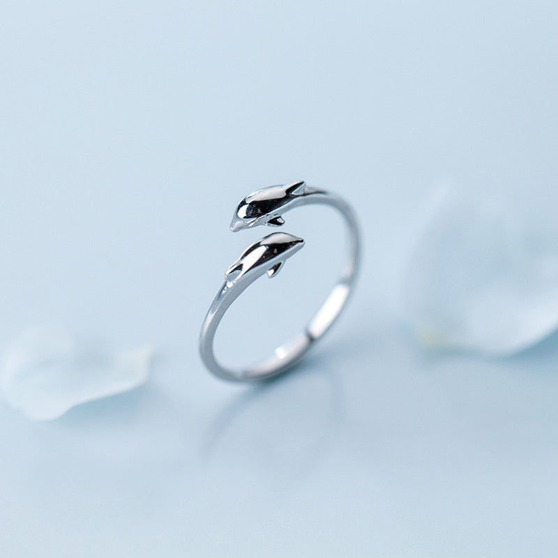 Dolphin Ring For Women Girls Open Adjustable Sterling Silver Animal Tail Band Jewelry Gift Fashion Silver Ring