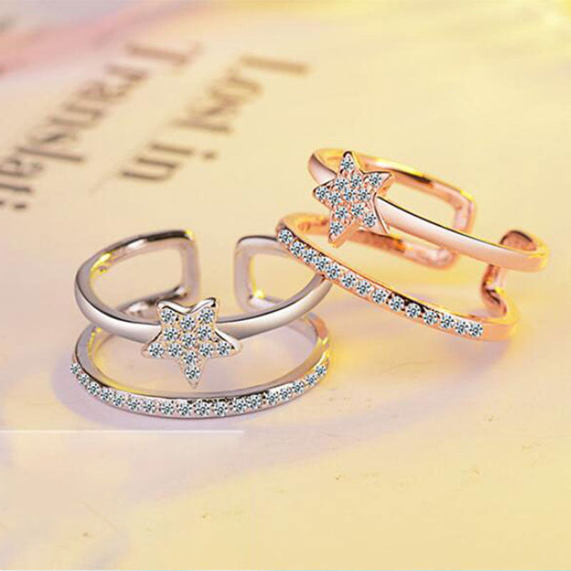 Heart Star Ring Diamond Accented Double Layer Adjustable Korean Fashion Jewelry Gift Adjustable Fashion Korean
