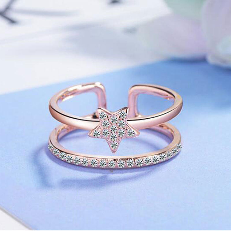 Heart Star Ring Diamond Accented Double Layer Adjustable Korean Fashion Jewelry Gift Adjustable Fashion Korean
