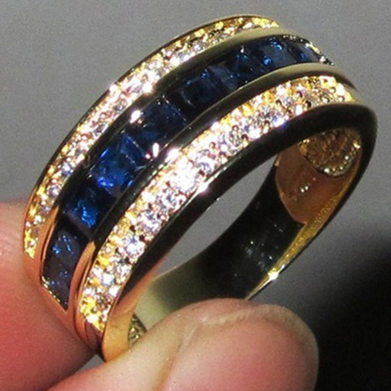 Womens 18K Gold Plated Ring Zirconia Sapphire Inlay European American Style Ring Size 5 6 7 8 9 10 11 Elegant