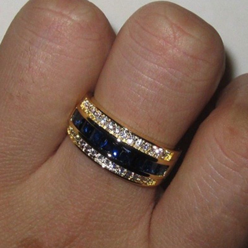 Womens 18K Gold Plated Ring Zirconia Sapphire Inlay European American Style Ring Size 5 6 7 8 9 10 11 Elegant