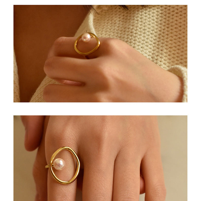 Womens Pearl Ring Copper Inlaid Geometric Ring Electroplated Golden Jewelry Fashion Index Finger Ring Zen Gems