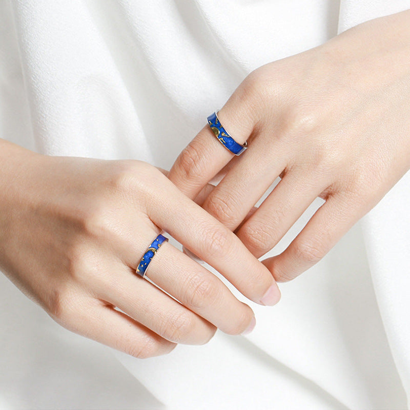 Geometric Silver Couple Rings Matching Bundle Day Night Design Electroplated Promise Bands Anniversary Jewelry