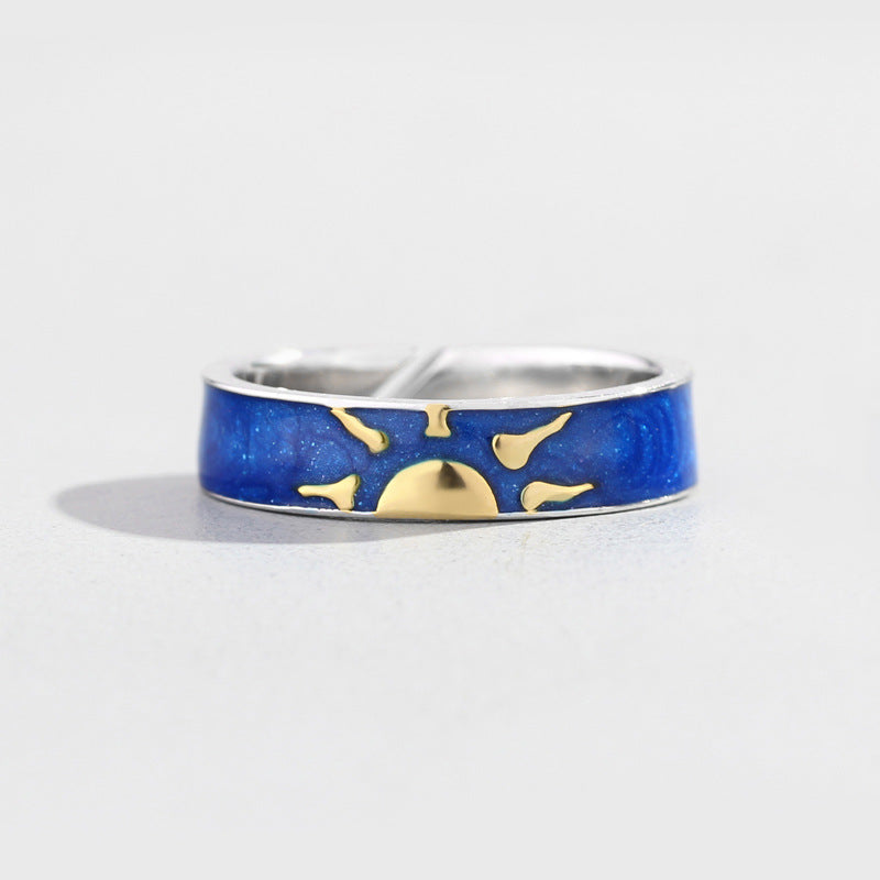 Geometric Silver Couple Rings Matching Bundle Day Night Design Electroplated Promise Bands Anniversary Jewelry