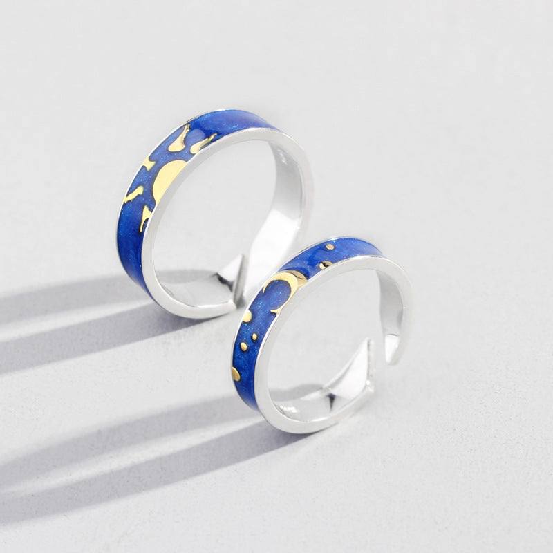 Geometric Silver Couple Rings Matching Bundle Day Night Design Electroplated Promise Bands Anniversary Jewelry