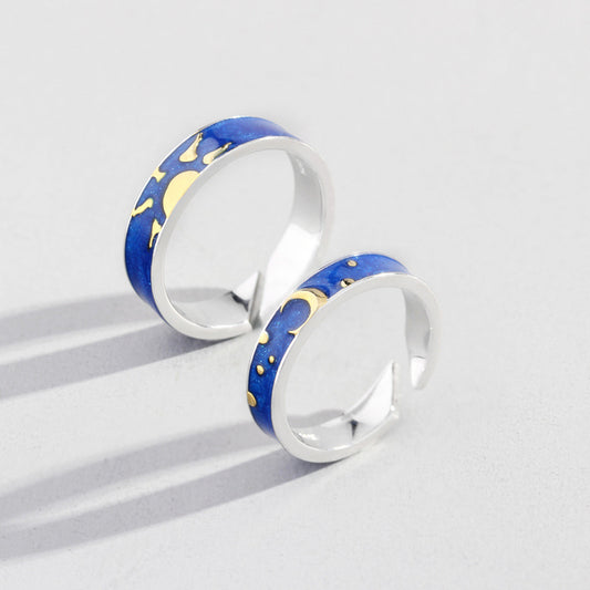 Geometric Silver Couple Rings Matching Bundle Day Night Design Electroplated Promise Bands Anniversary Jewelry