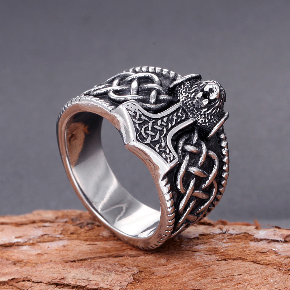 Men's Stainless Steel Ring Geometric Thor's Hammer Design Polished Titanium Steel Band European and American Jewelry Individually Packed Ring Gift for Men