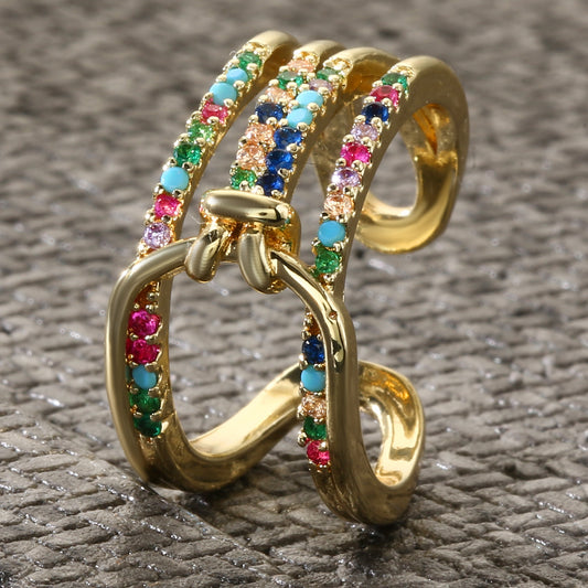 Geometric Copper Ring With Zircon Inlaid Fashion Statement Ring For Women Jewelry Gift Elegant Everyday Access