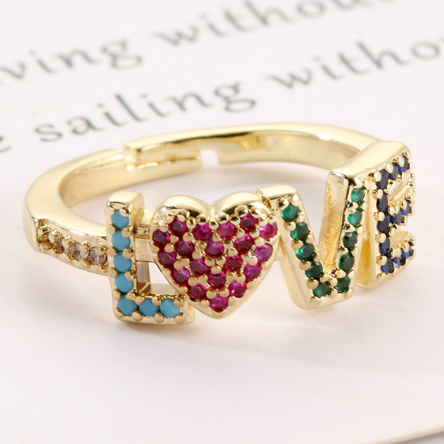 Womens Adjustable Copper Ring With Diamond Cut Gold Plated Inlaid Artificial Gems Individually Packed Jewelry